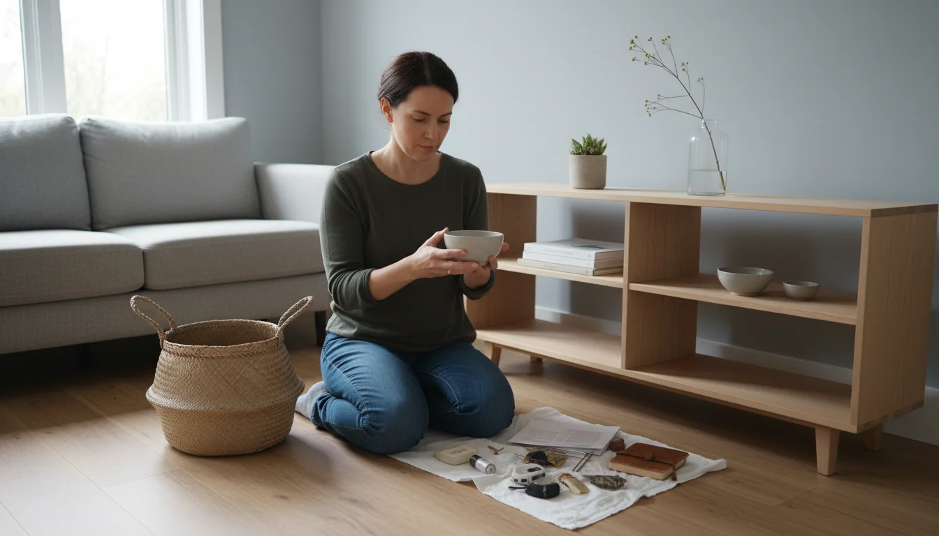 A person thoughtfully declutters a minimalist shelf, holding an item, with a storage basket nearby in a naturally lit room.