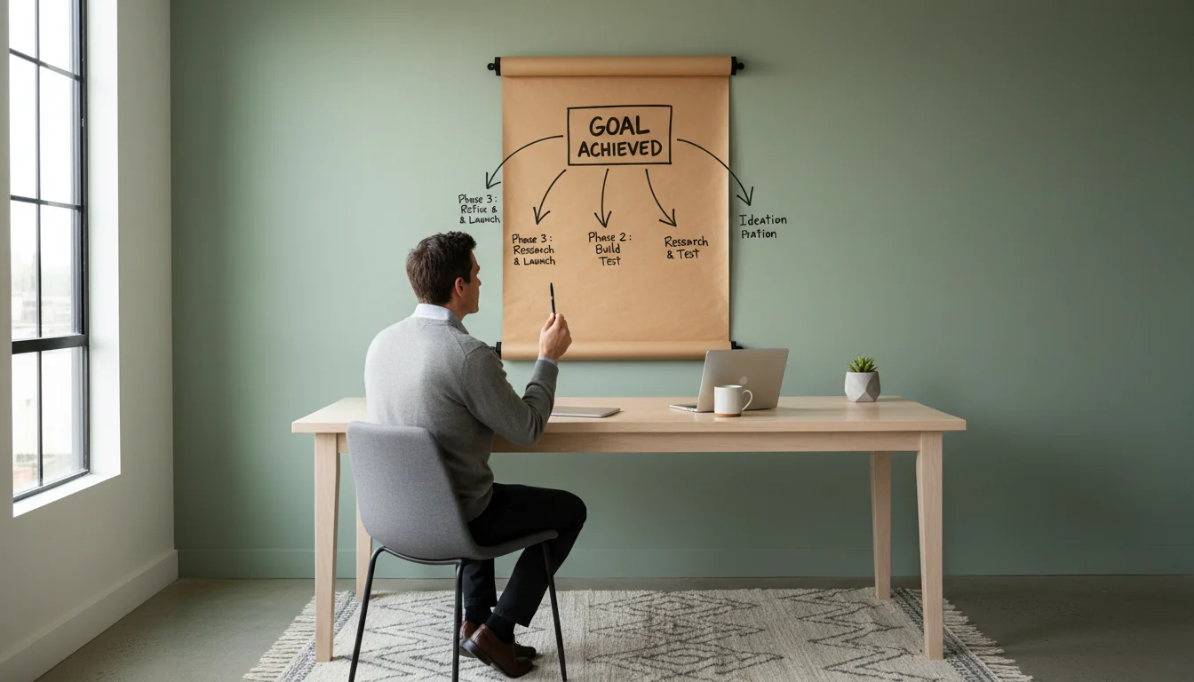 A person thoughtfully examines a wall-mounted paper with backward-pointing arrows breaking down a goal at a minimalist desk.