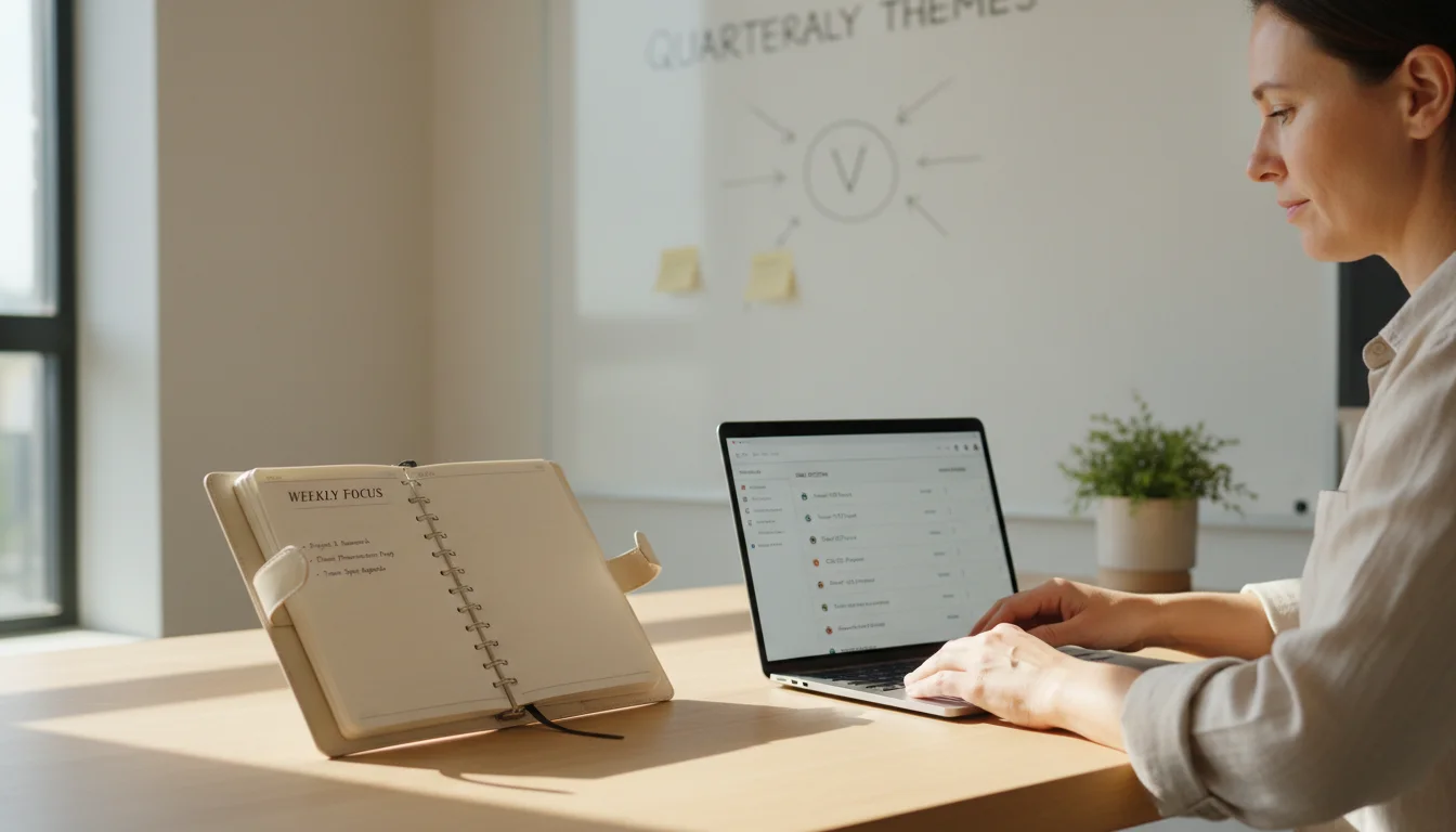 A person at a tidy desk interacting with a physical planner and laptop showing goal breakdowns, with a whiteboard displaying larger goals in the backg