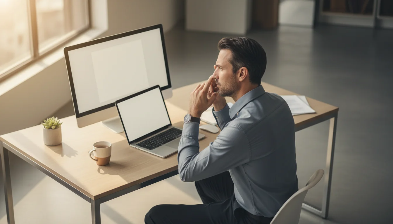 A person at a tidy desk, looking unfocused at a laptop with a hand pressed to their temple, showing mental strain.