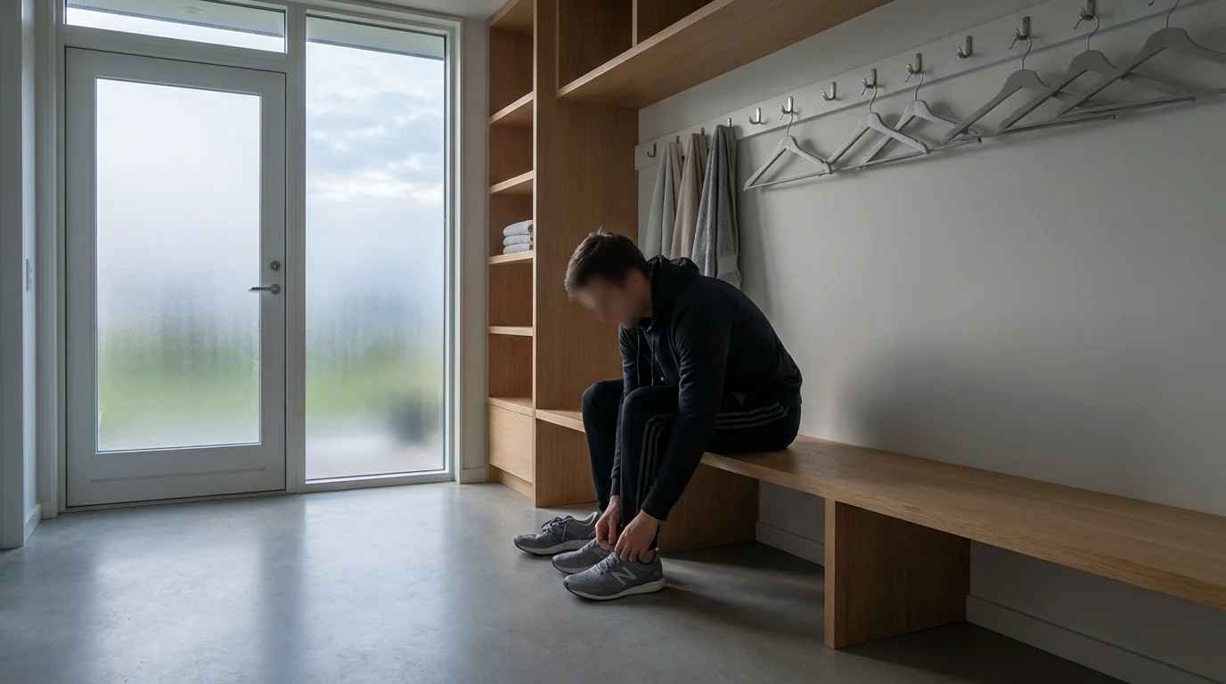 Person tying a running shoe in a bright entryway, focusing on starting a small morning habit.