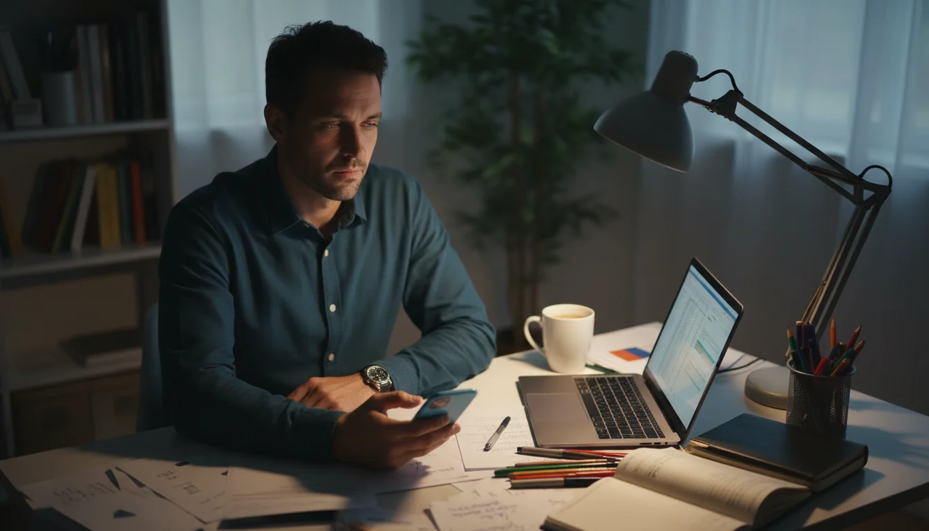 A person with a slightly unfocused gaze sits at a cluttered desk with a laptop, looking towards a phone notification.