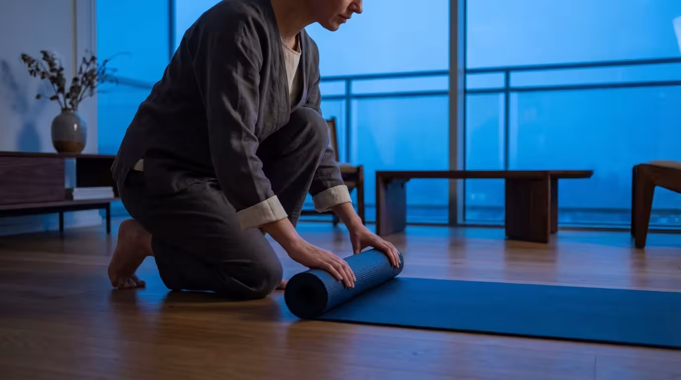 Person unrolling yoga mat in modern living room during blue hour evening light