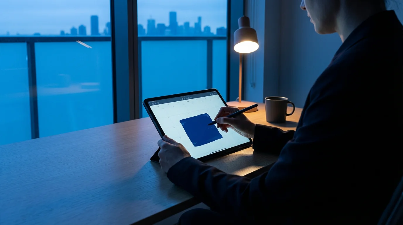 Person uses a tablet to plan deep work time blocks during the cool blue hour.