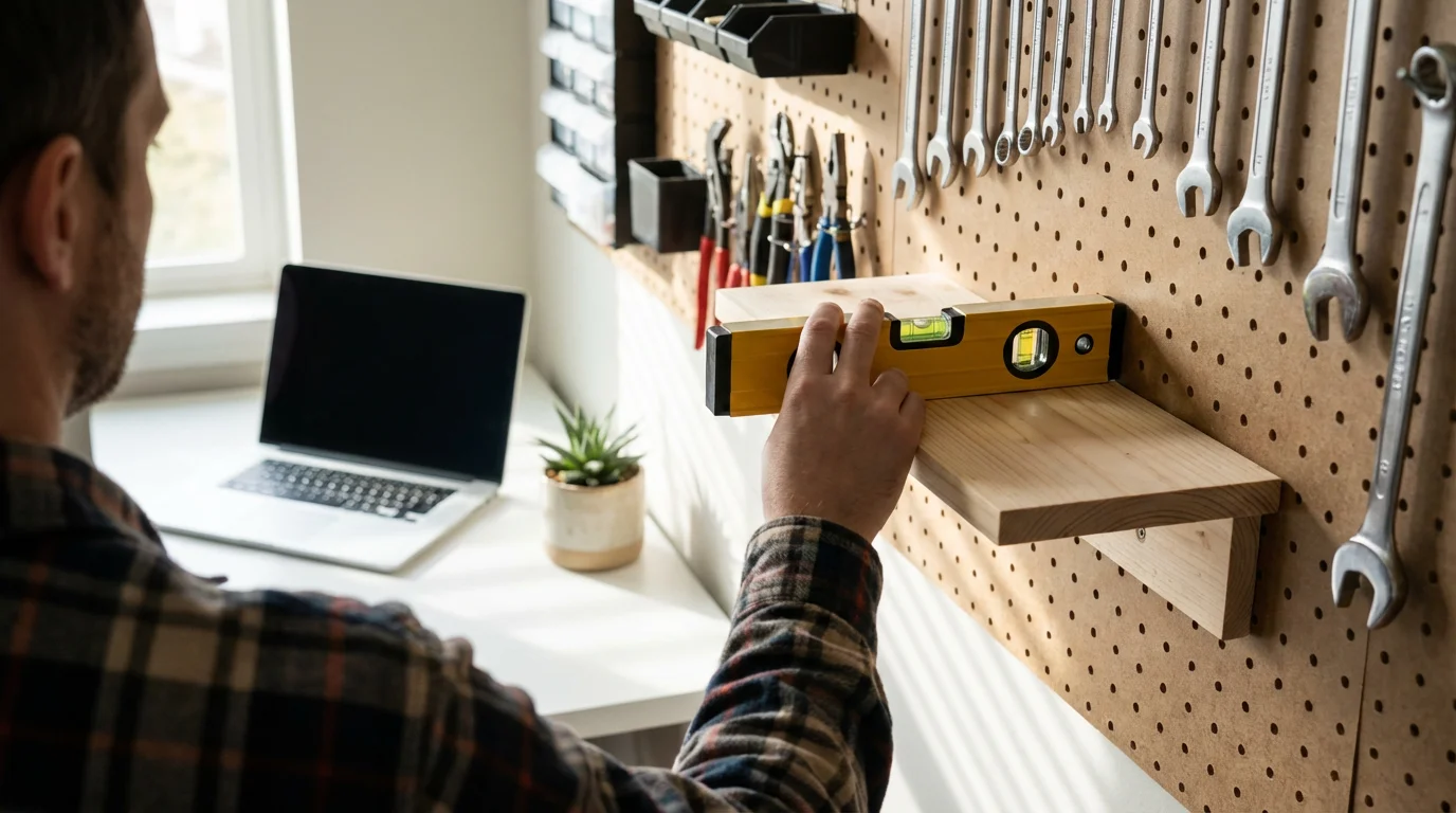 Person holding a spirit level against a wall shelf to correct its angle