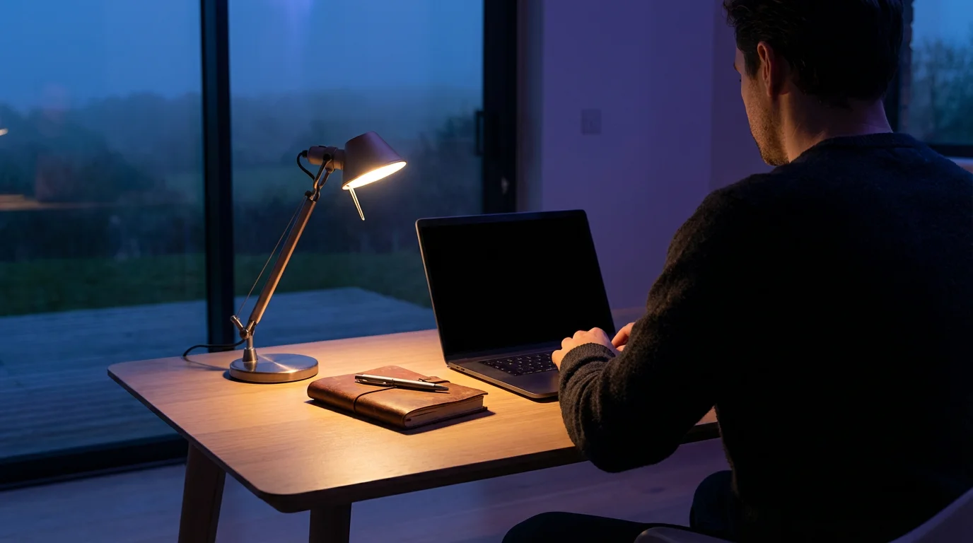 Person using a warm desk lamp and journal during blue hour, establishing work boundaries.