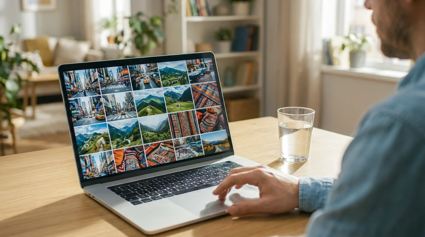 Person using laptop to browse diverse visual content grid in sunlit room.