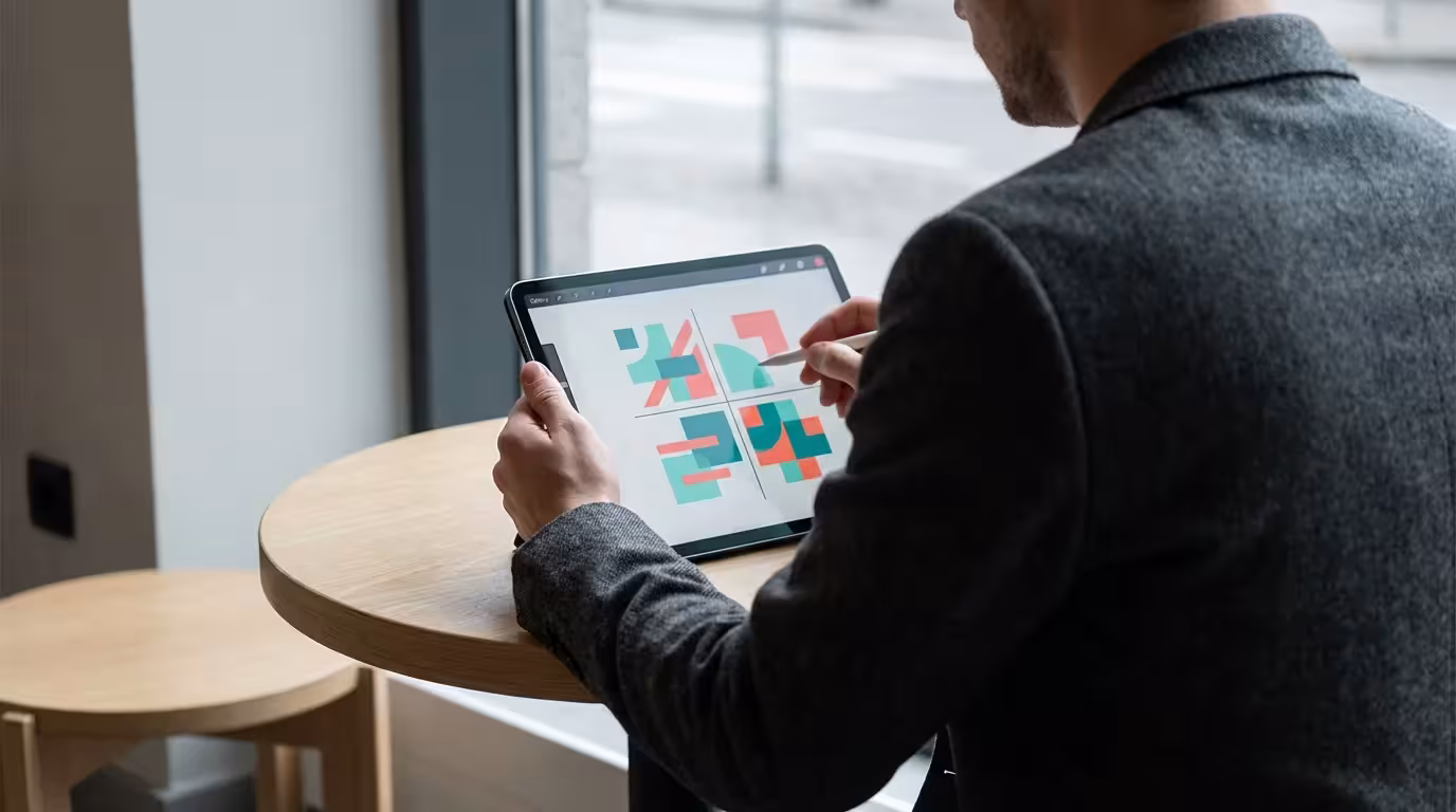 Person using tablet to organize colorful abstract blocks into priority quadrants.