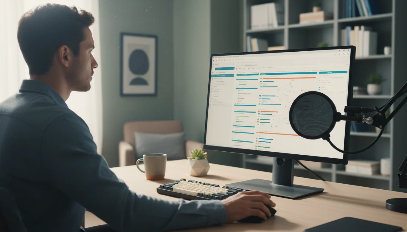 Person viewed over shoulder at minimalist desk, hand on mouse, looking at a meticulously organized Notion dashboard on a monitor.