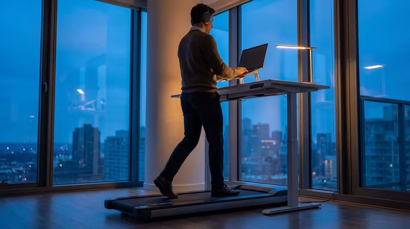 Person walking on treadmill desk while working in home office during blue hour.