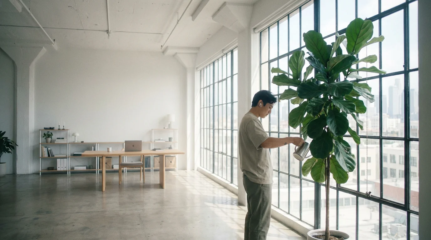 Person wearing earbuds watering plants in a sunny, minimalist modern home office.