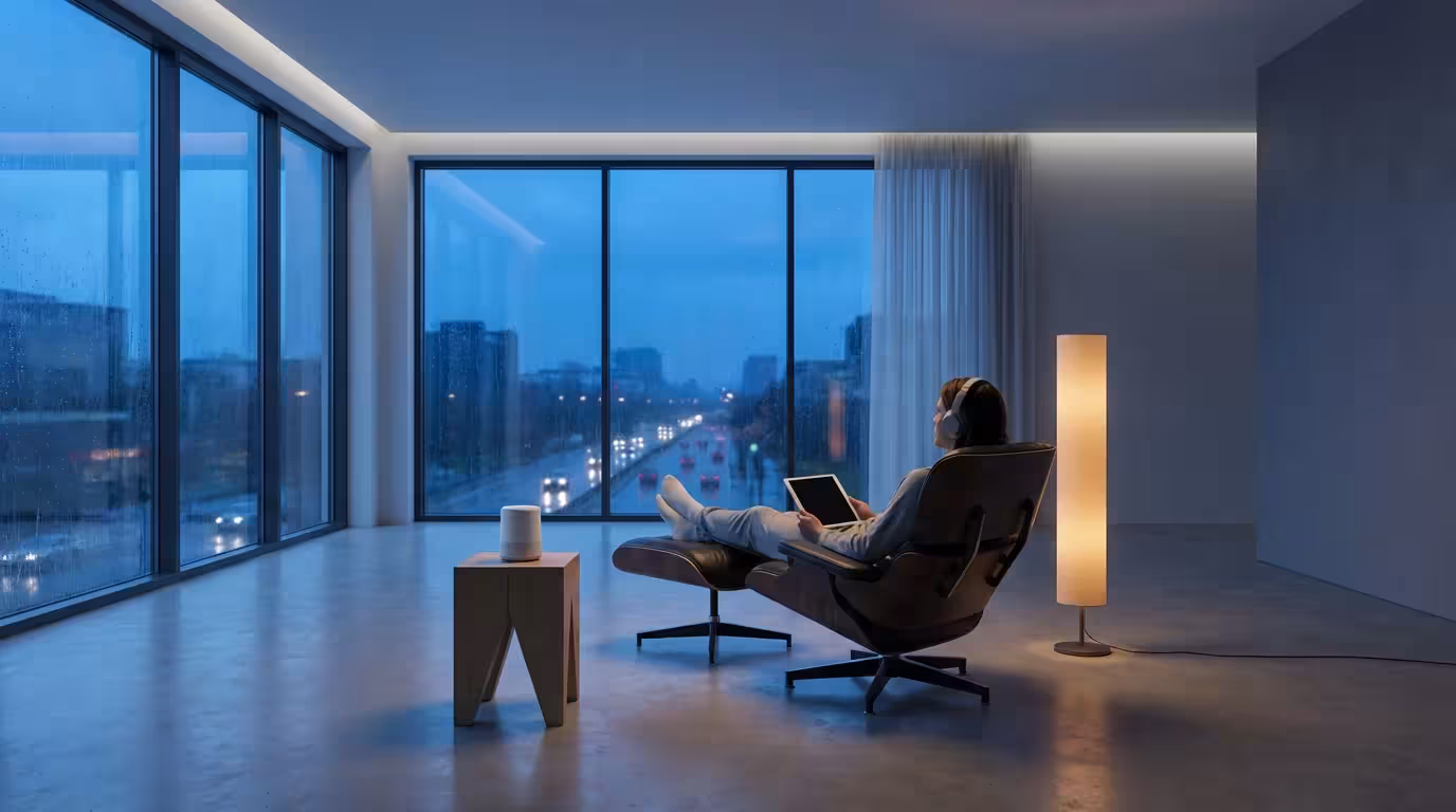 Person wearing headphones in a modern loft during blue hour with rainy city view.