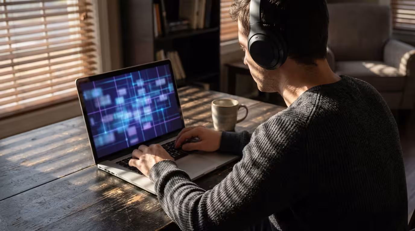 Person wearing headphones working on laptop at desk with dramatic afternoon shadows.