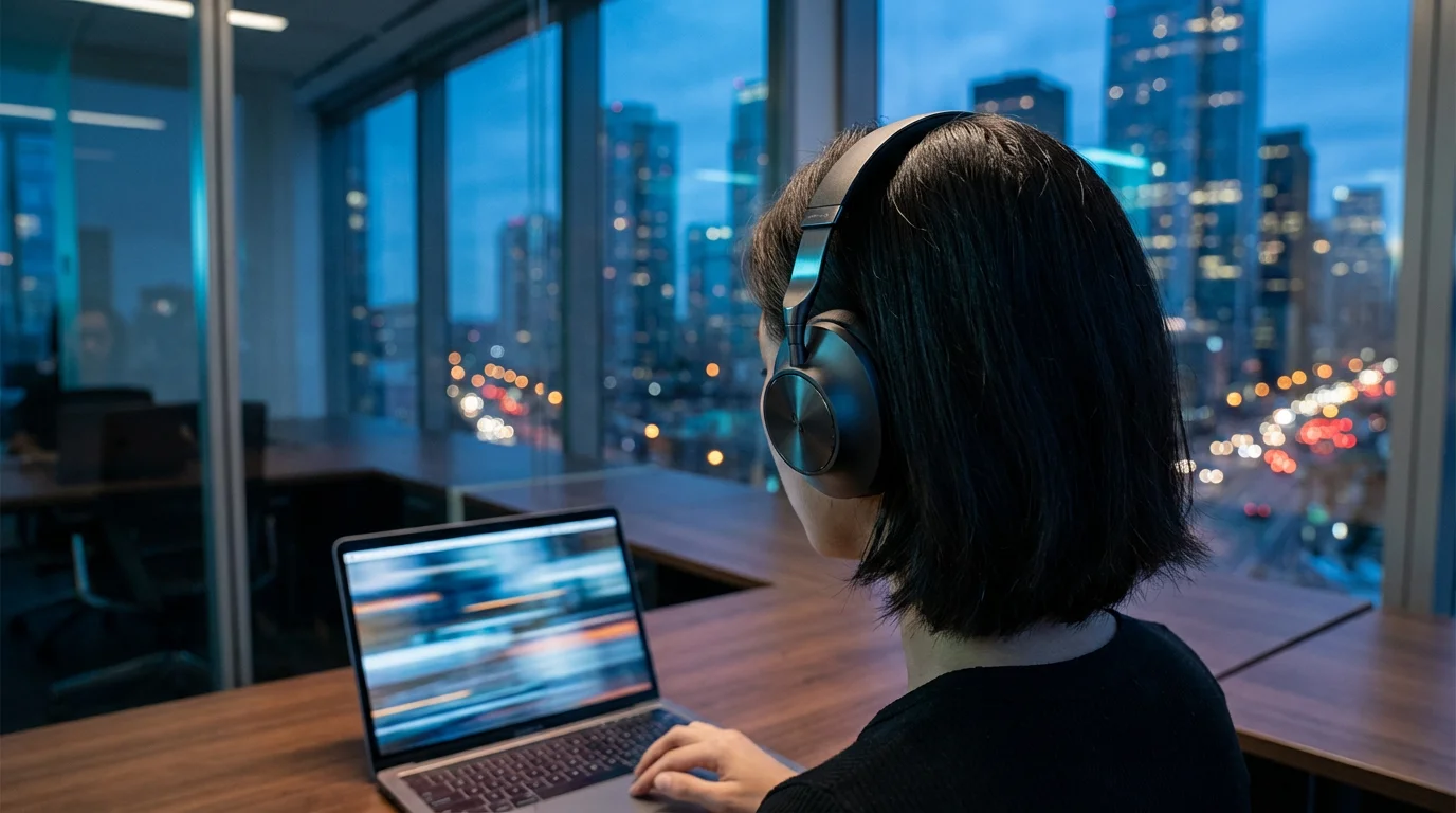 Person wearing noise-canceling headphones working at desk with city skyline at blue hour.