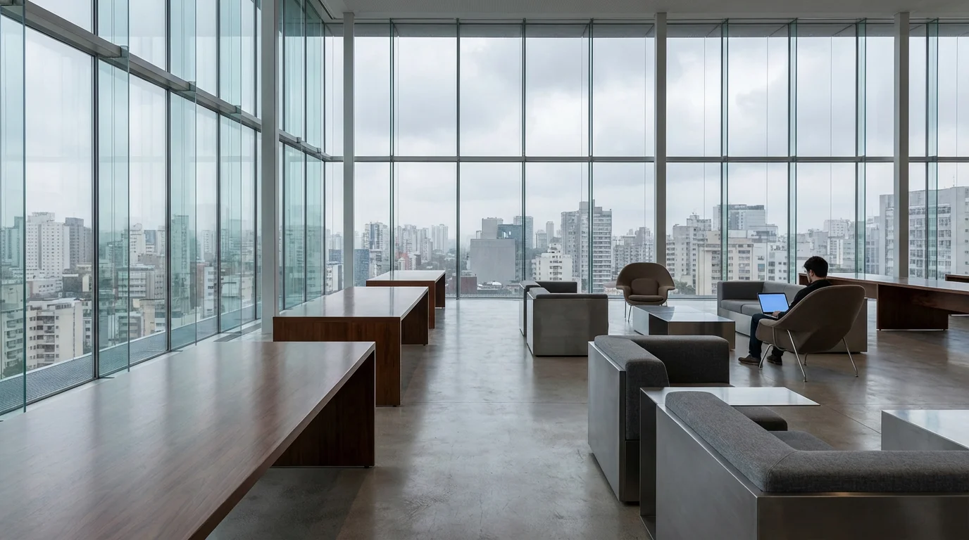 Person working alone in spacious modern office with overcast window view representing digital fixation