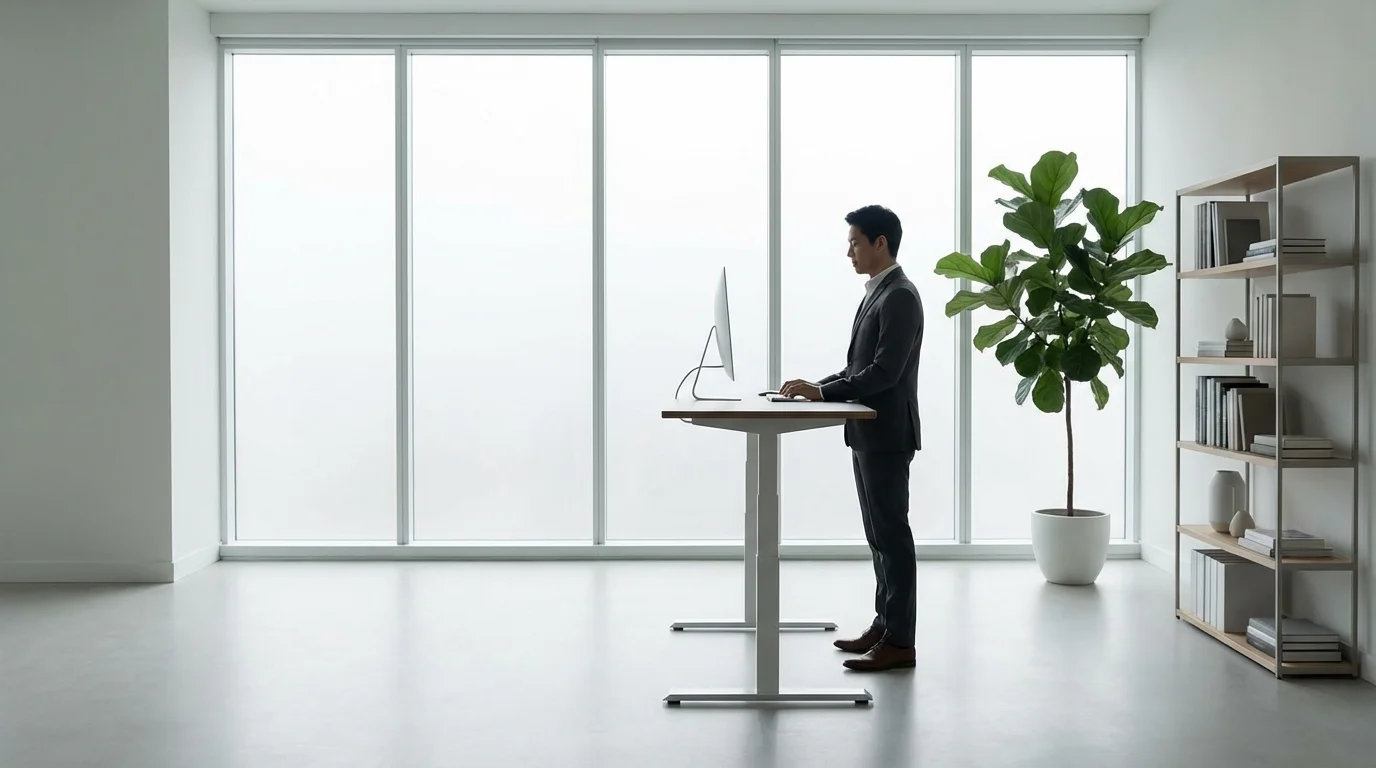 Person working at a standing desk in a bright minimalist office environment.