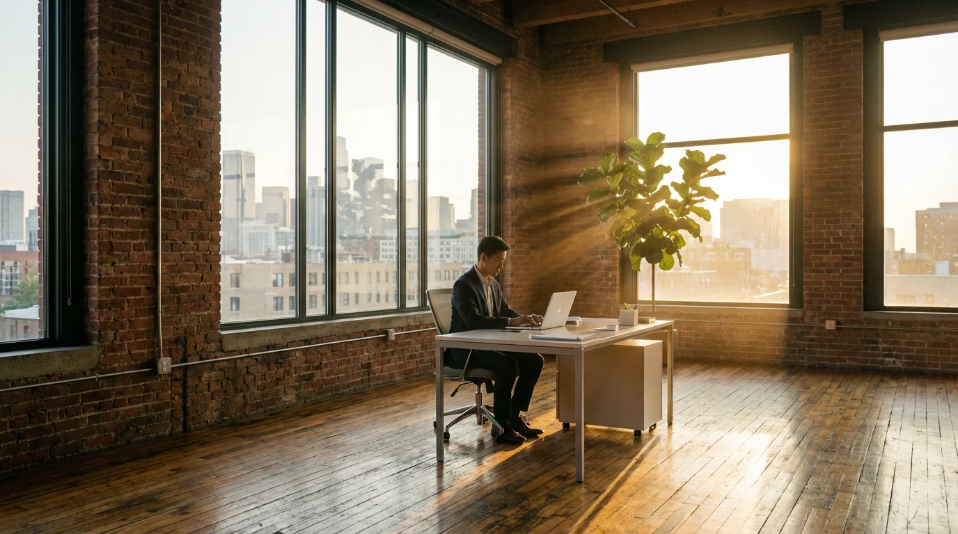 Person working at desk in sunny industrial loft office during golden hour