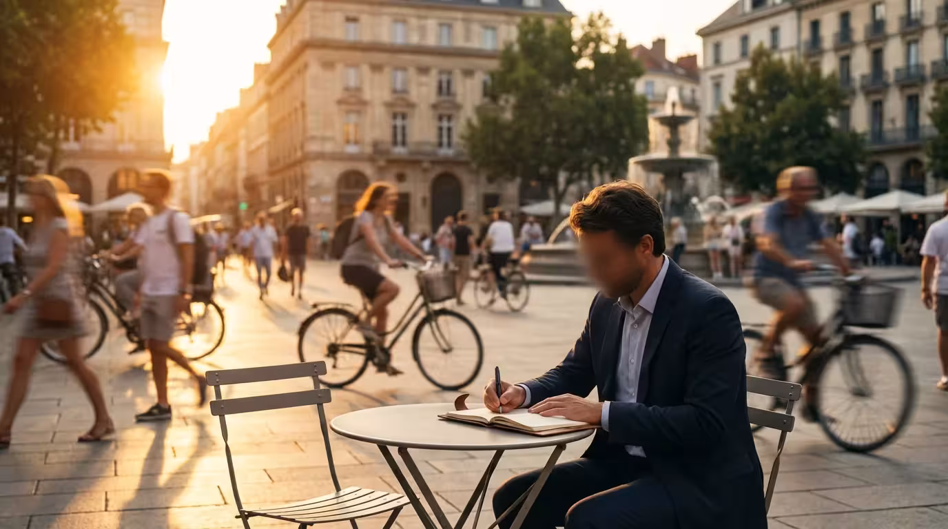 Person working calmly at outdoor cafe table amidst blurred city crowd at sunset.
