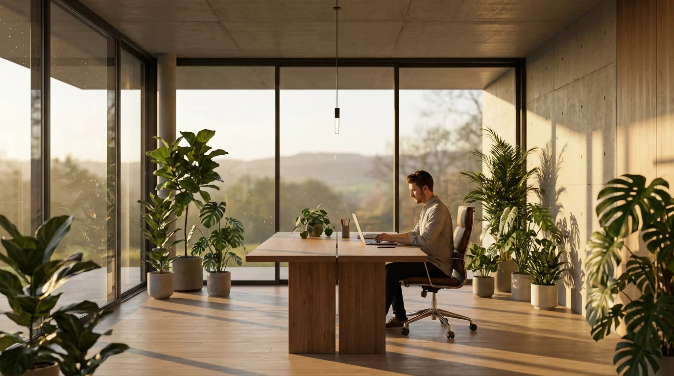 Person working calmly on a laptop in a sunlit office during golden hour.