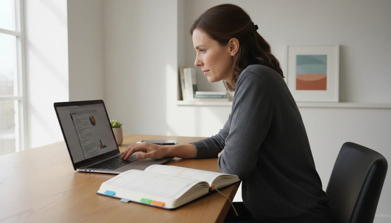 A person working on a laptop at a minimalist desk, with an open, organized planner beside them.