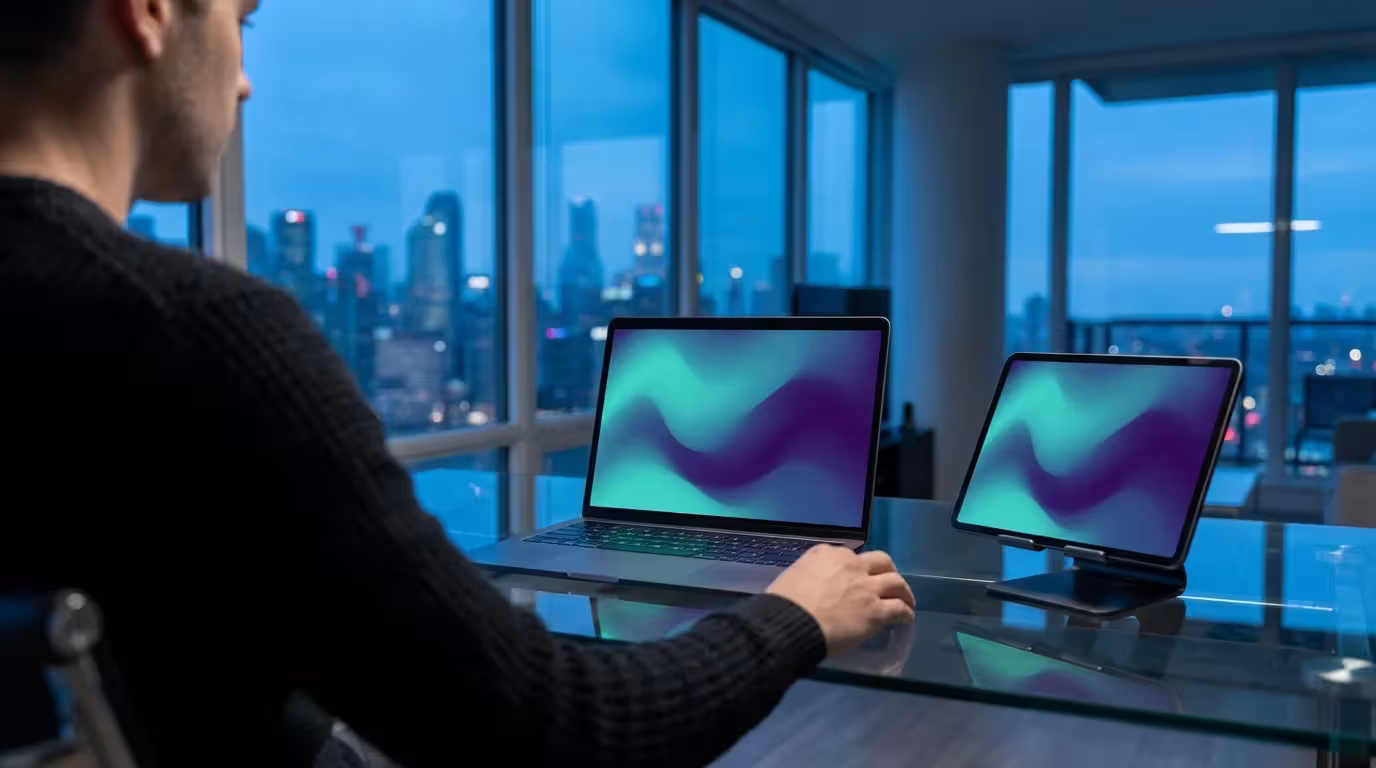 Person working on dual-screen digital setup with abstract backgrounds during evening blue hour.