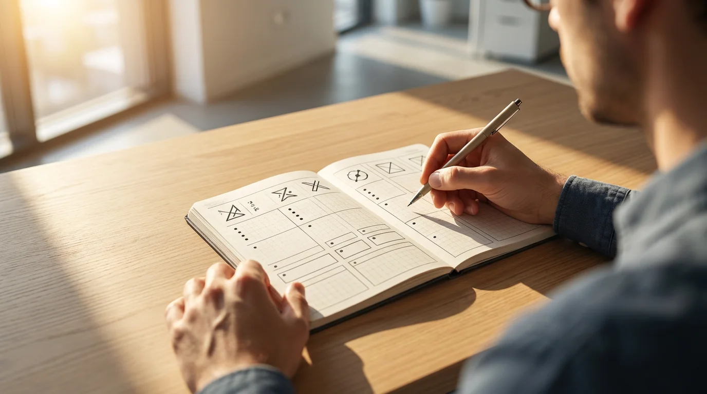 Person writing in a highly structured planner, illuminated by dramatic afternoon sunlight and shadows.