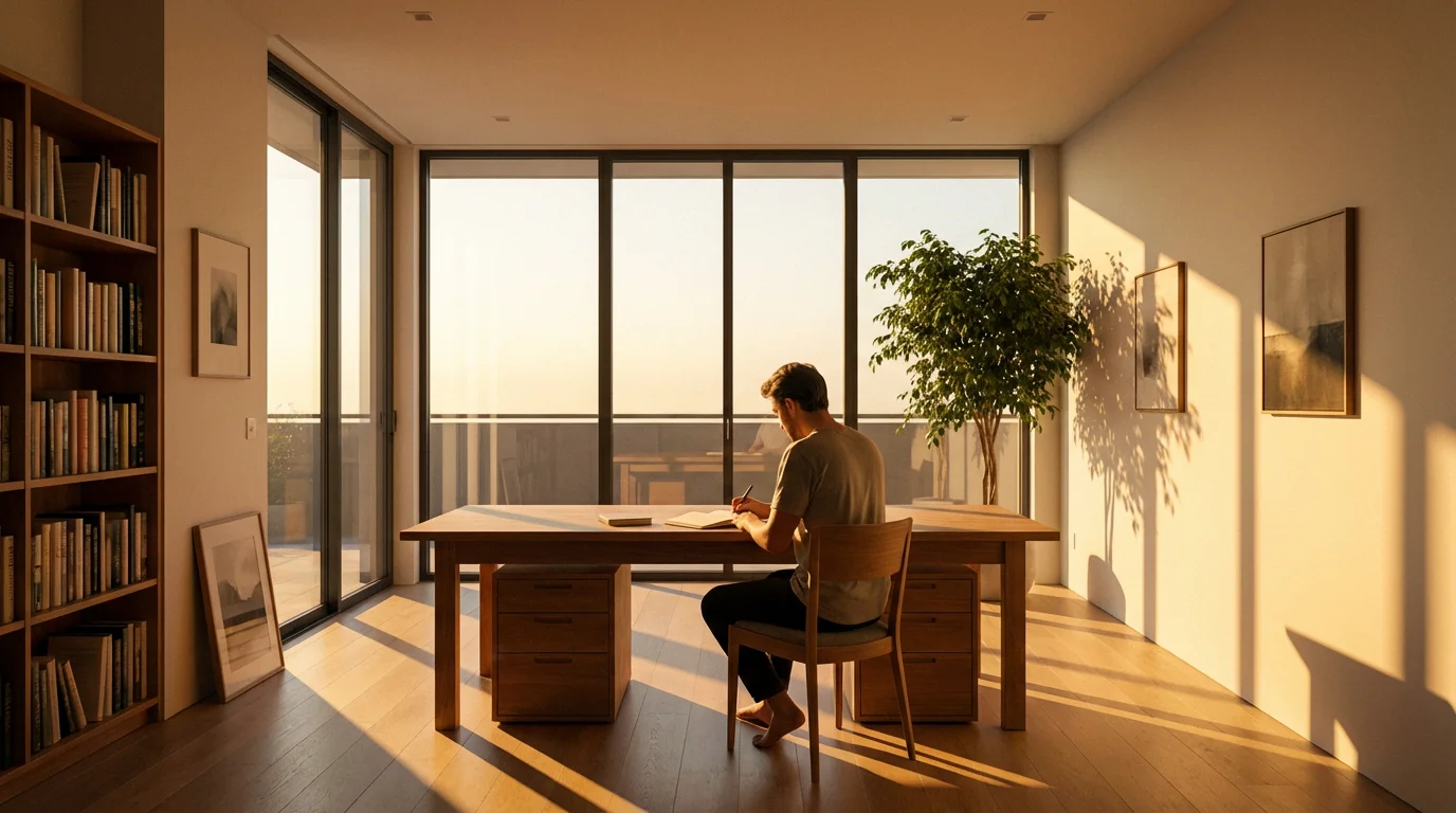 Person writing in a journal at a clean desk in a sunlit room without technology.
