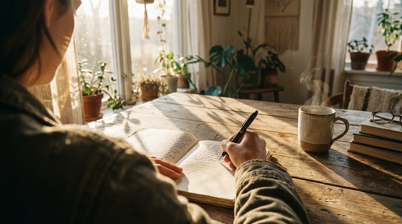 Person writing in a journal at a sunny table during a quiet morning.