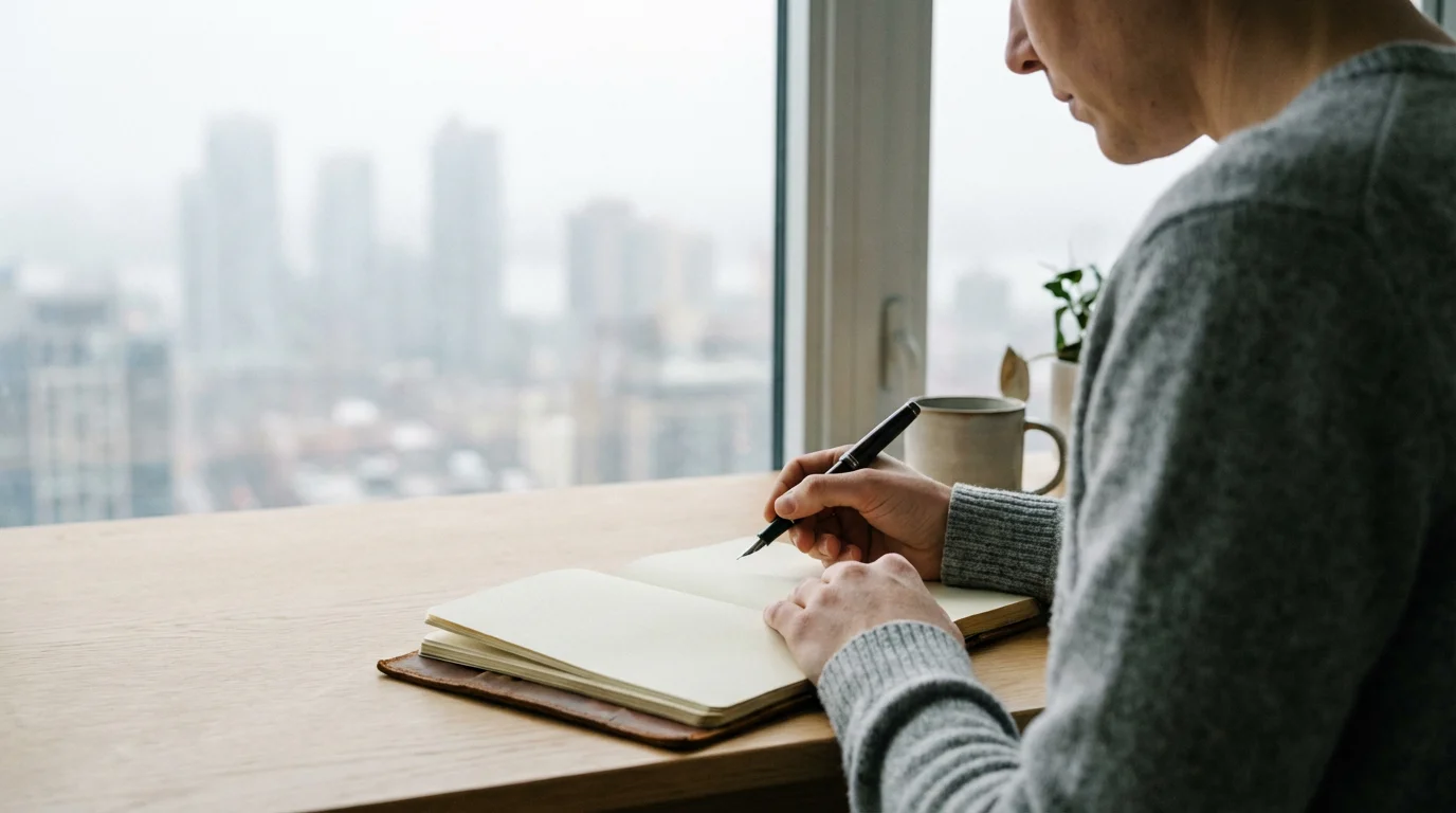 Person writing in a journal during morning reflection at a desk, illuminated by diffused light.