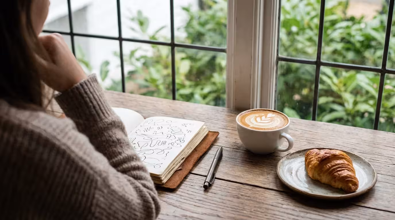 Person writing in a journal next to a coffee and croissant to illustrate temptation bundling.