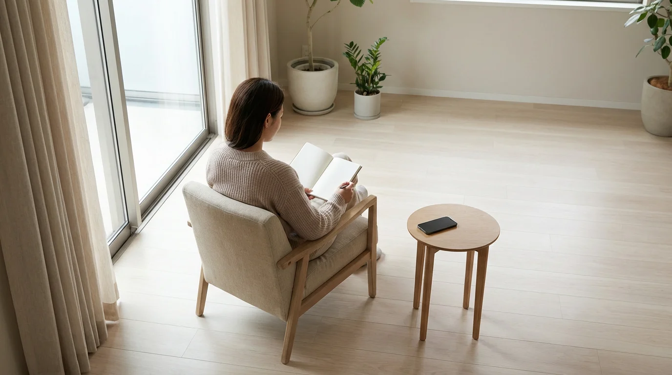 Person writing in a journal next to a window, symbolizing intentional focused activity.