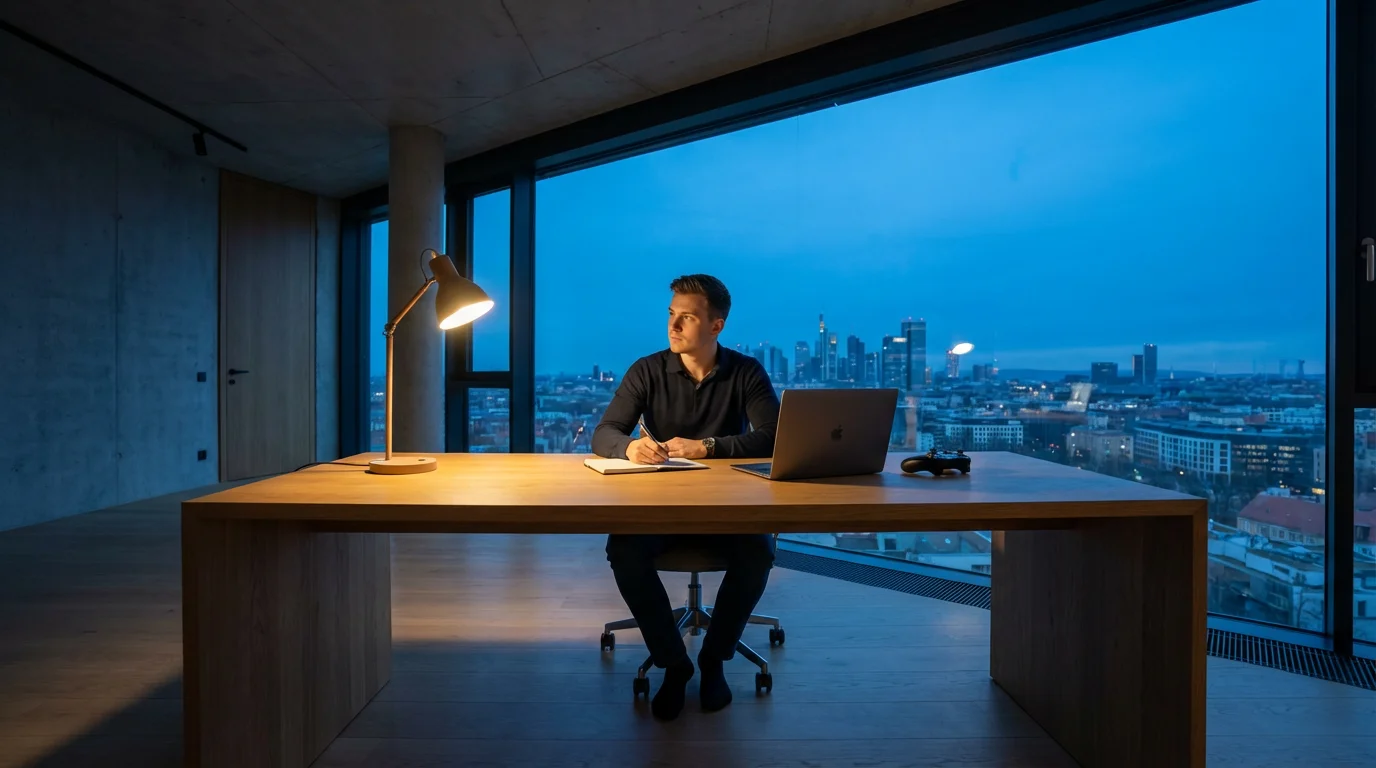 Person writing in a notebook at a desk during blue hour in a modern office