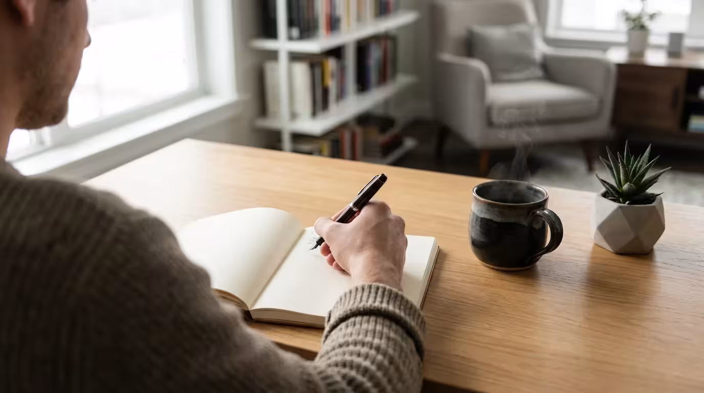 Person writing in a notebook at a desk with natural light, over-the-shoulder view.