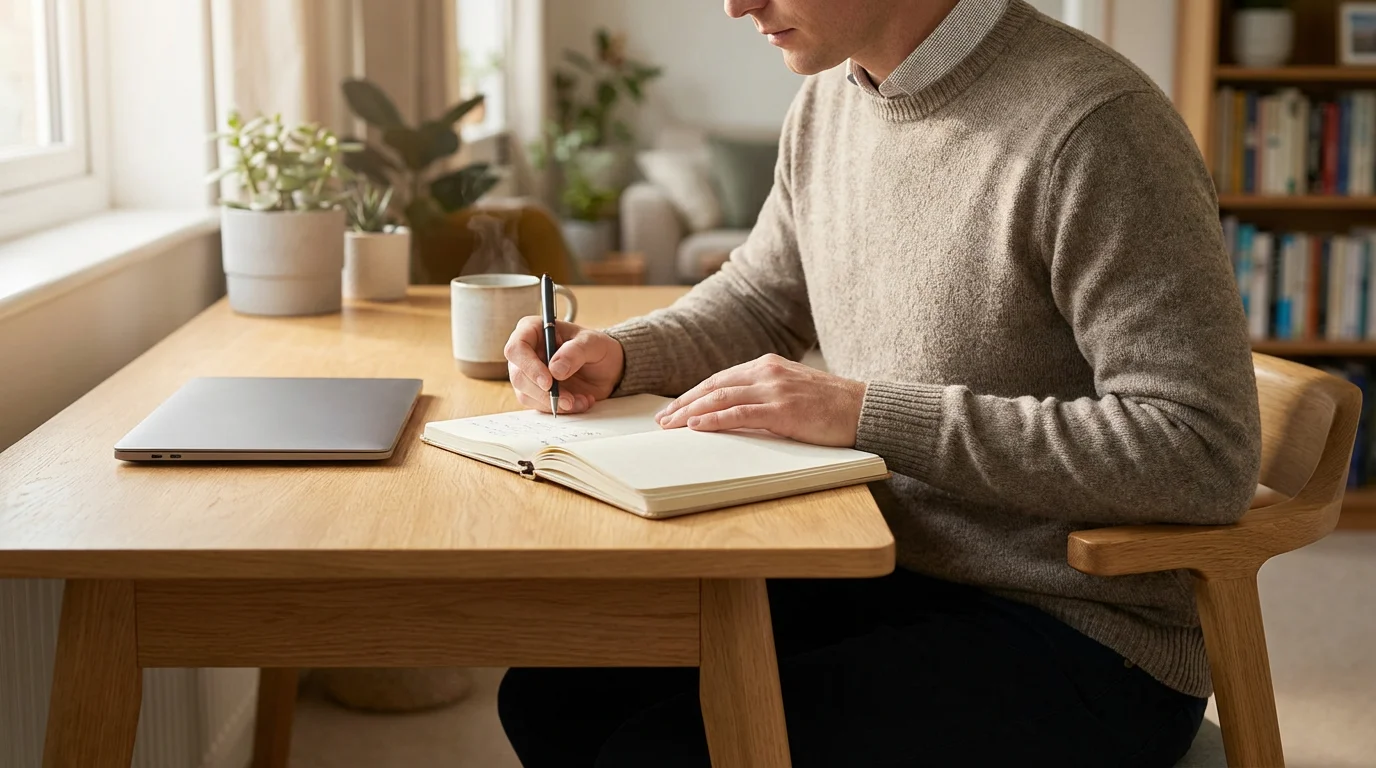 Person writing in a notebook at a sunlit desk establishing a morning routine.