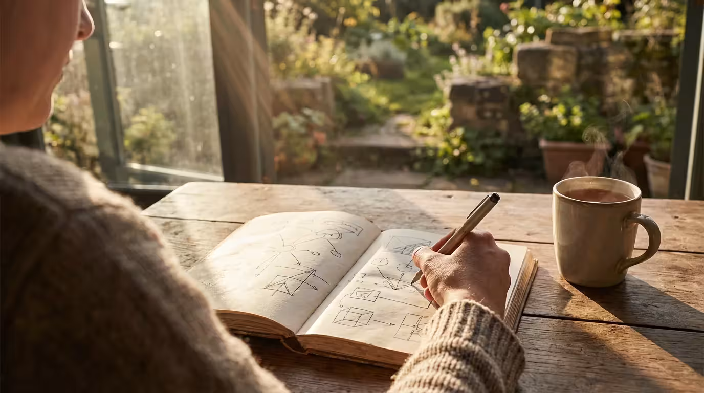 Person writing in a notebook at a table bathed in warm golden hour sunlight.