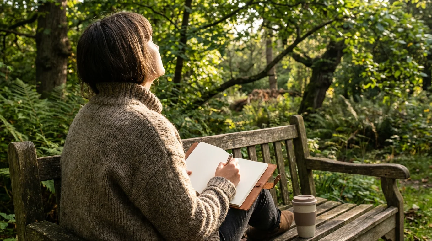 Person writing in a notebook on a park bench in soft morning sunlight.
