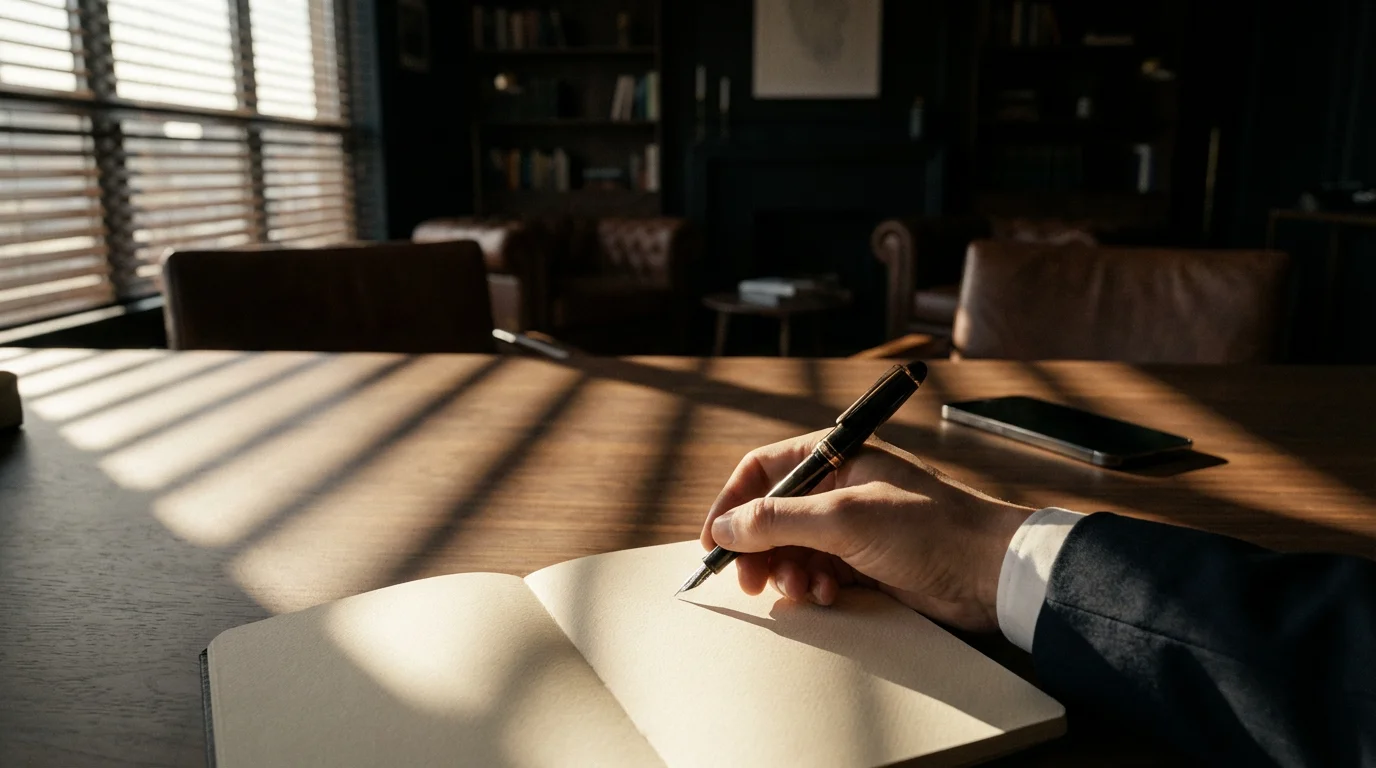 Person writing in notebook at desk with phone face down in moody lighting.