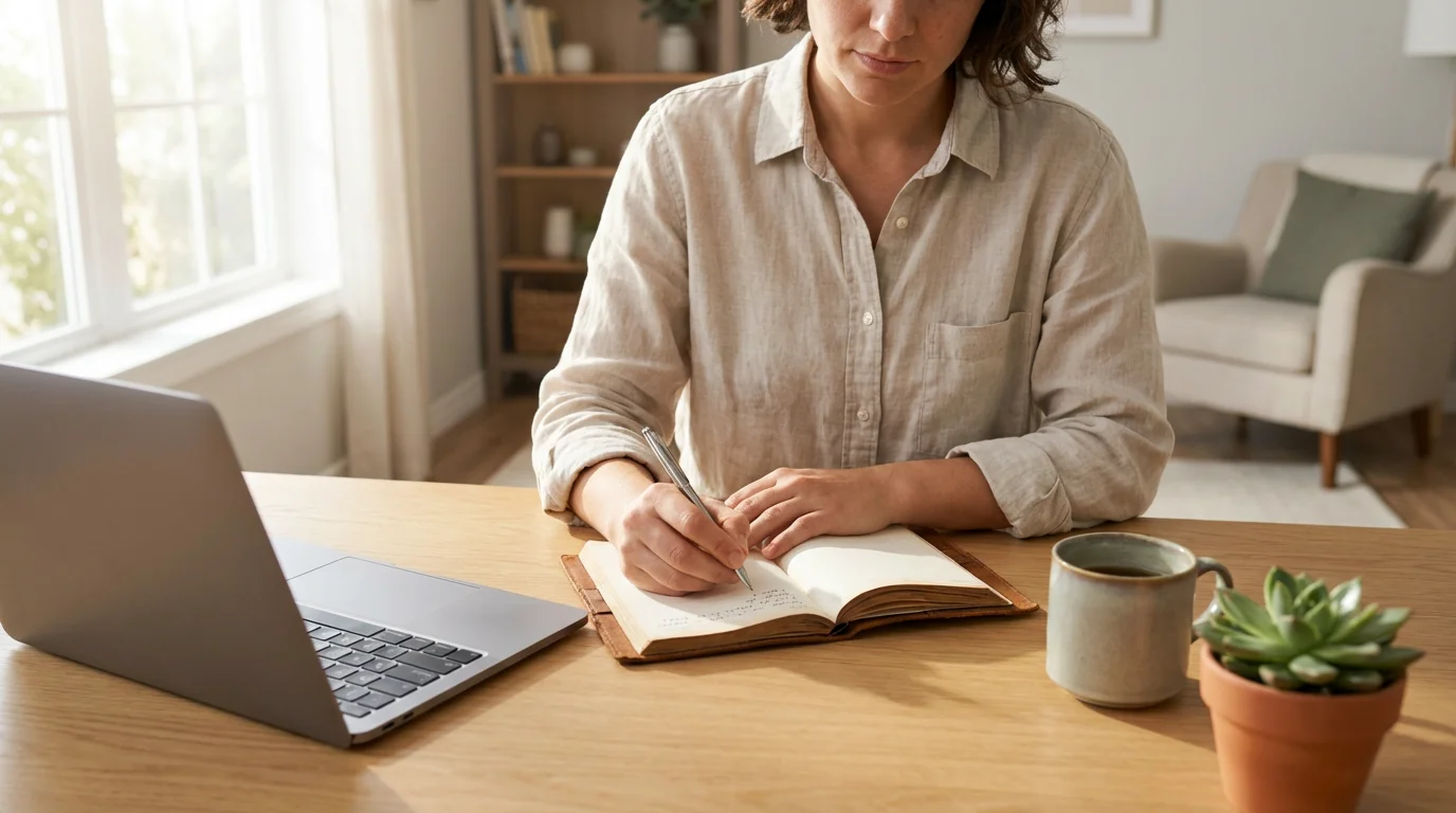 Person writing in notebook at home desk with closed laptop in soft morning light