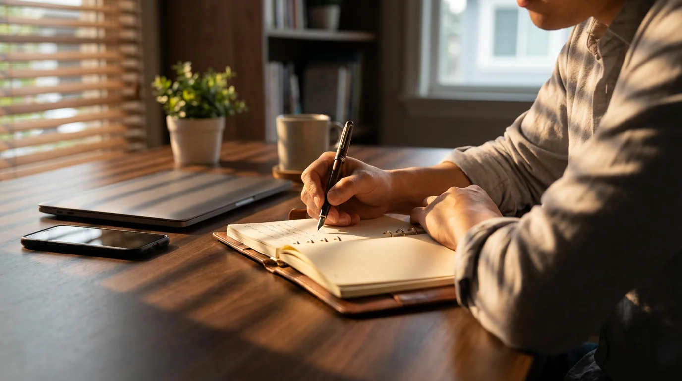 Person writing in planner with face-down phone on desk during moody afternoon.