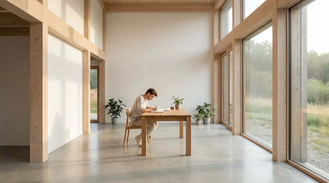 Person writing intently in a journal in a bright, sunlit, modern workspace, symbolizing mental focus.