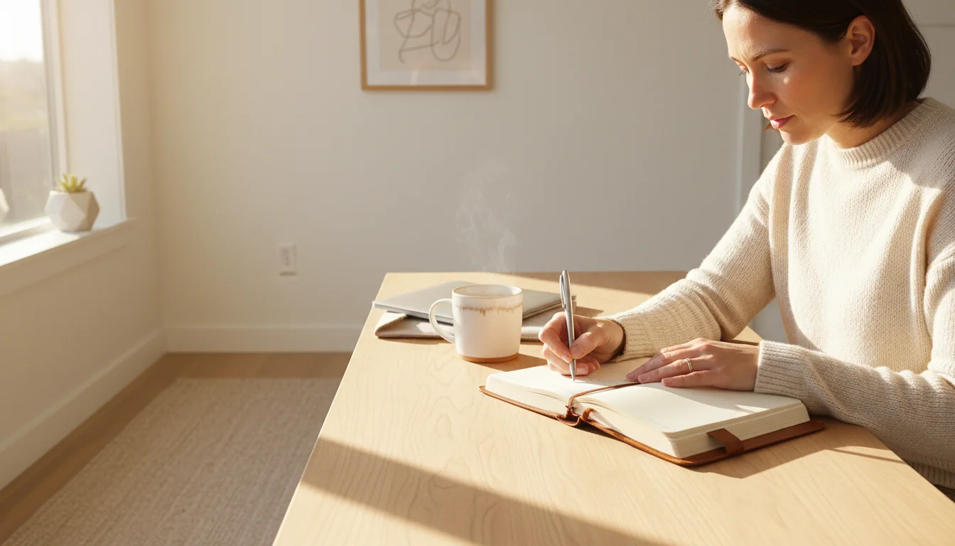 A person writing in a leather journal at a clean wooden desk, with a steaming tea mug nearby and a closed laptop in the blurred background.