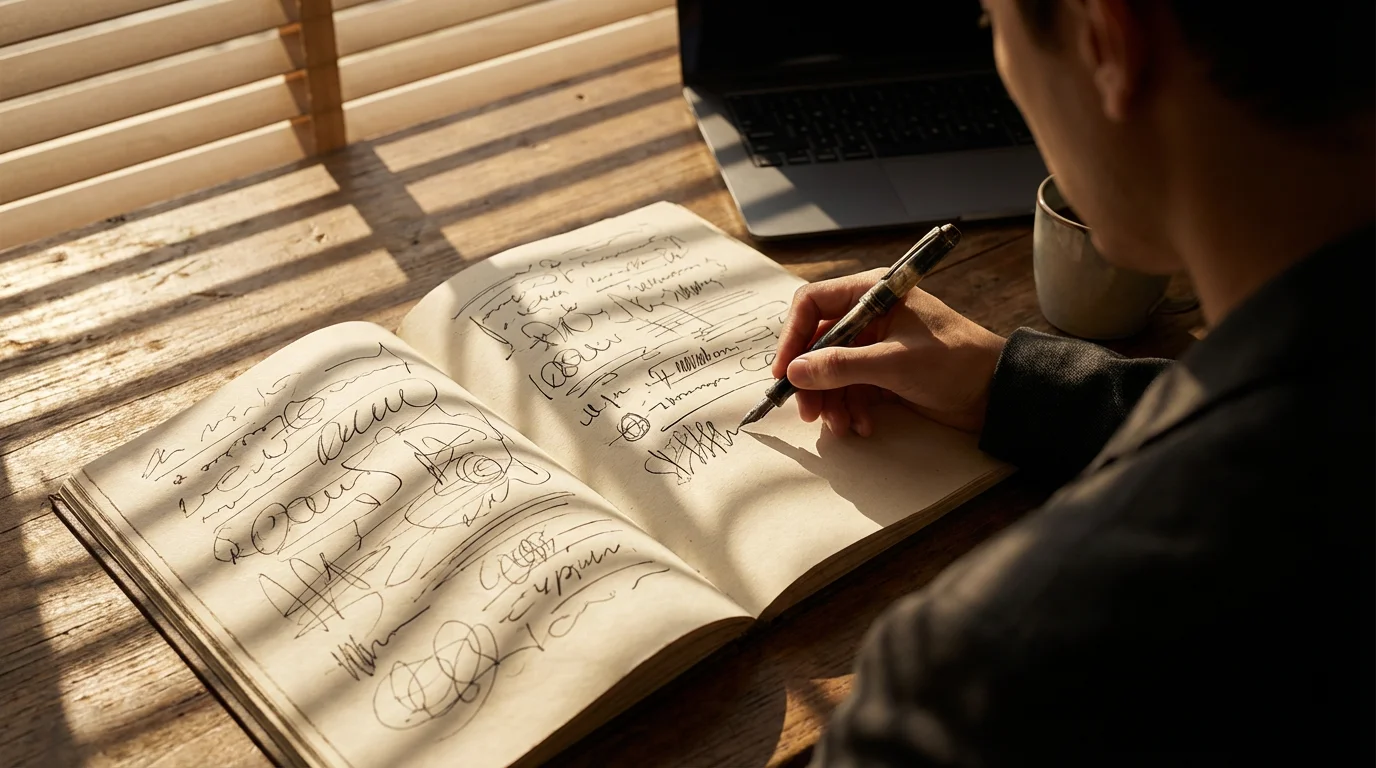 Person writing task list in notebook on desk with dramatic afternoon shadows.