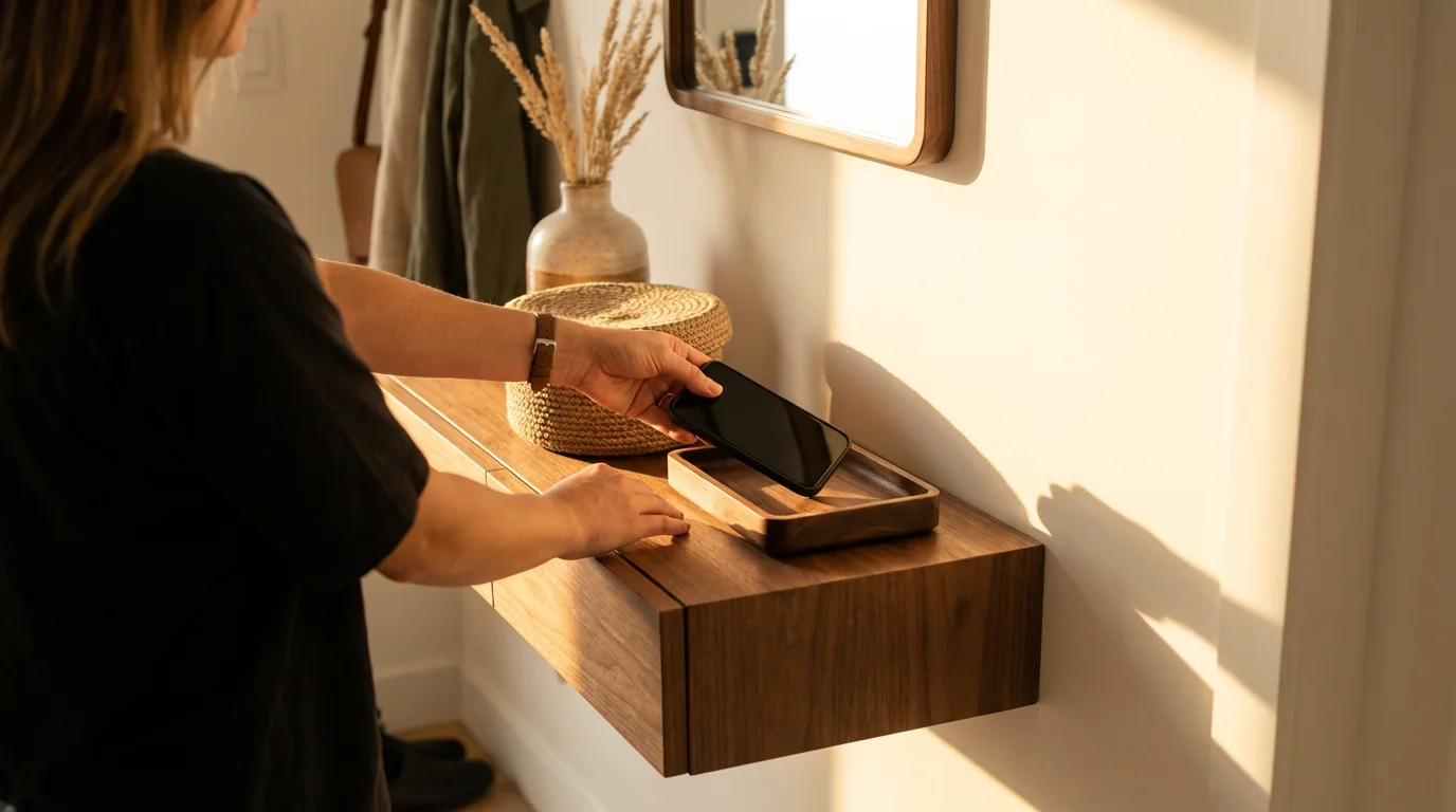 Person's hands placing a smartphone into a wooden storage box on a table during golden hour.