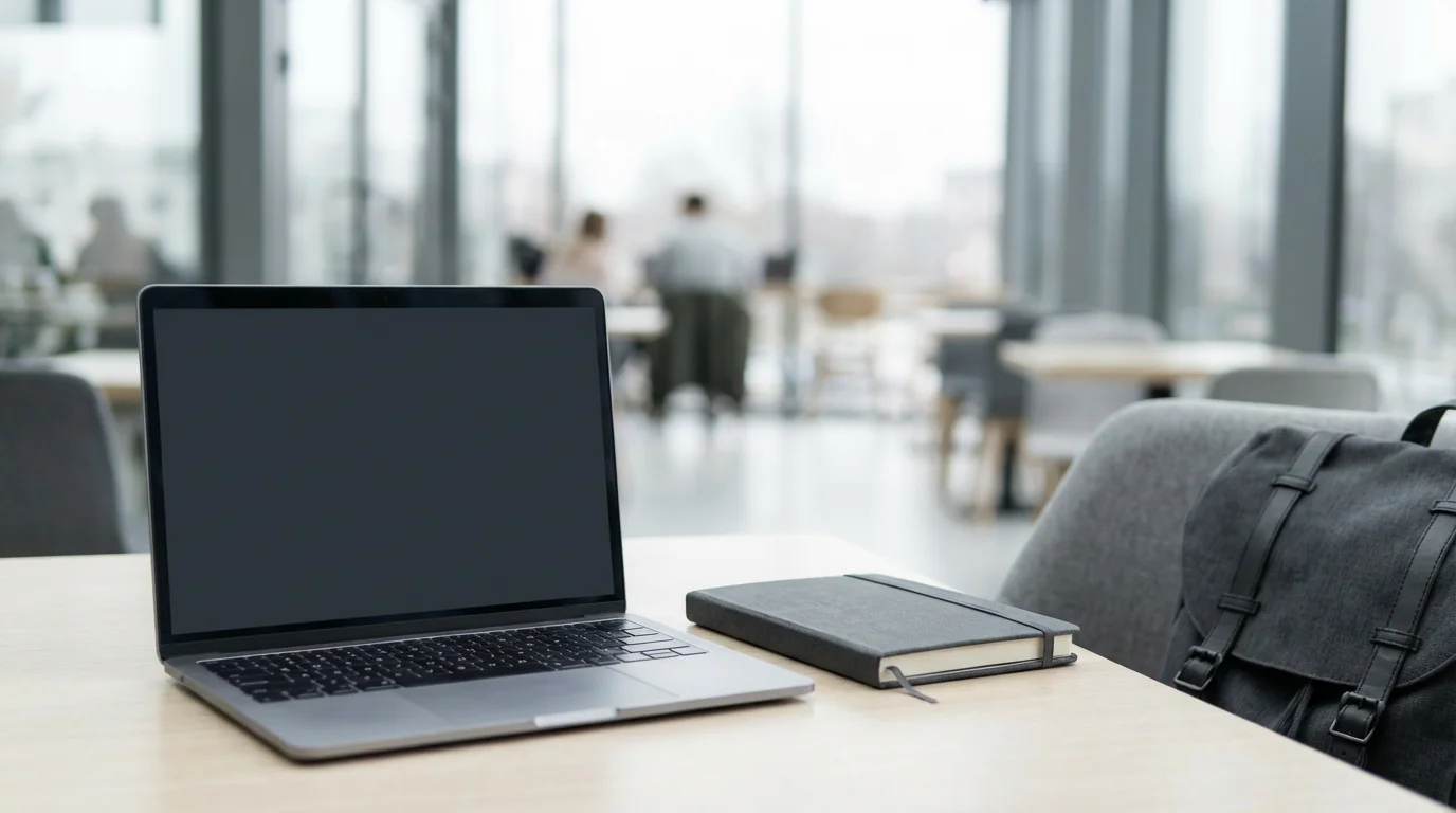 Portable laptop setup and backpack on a table in a bright modern co-working space.