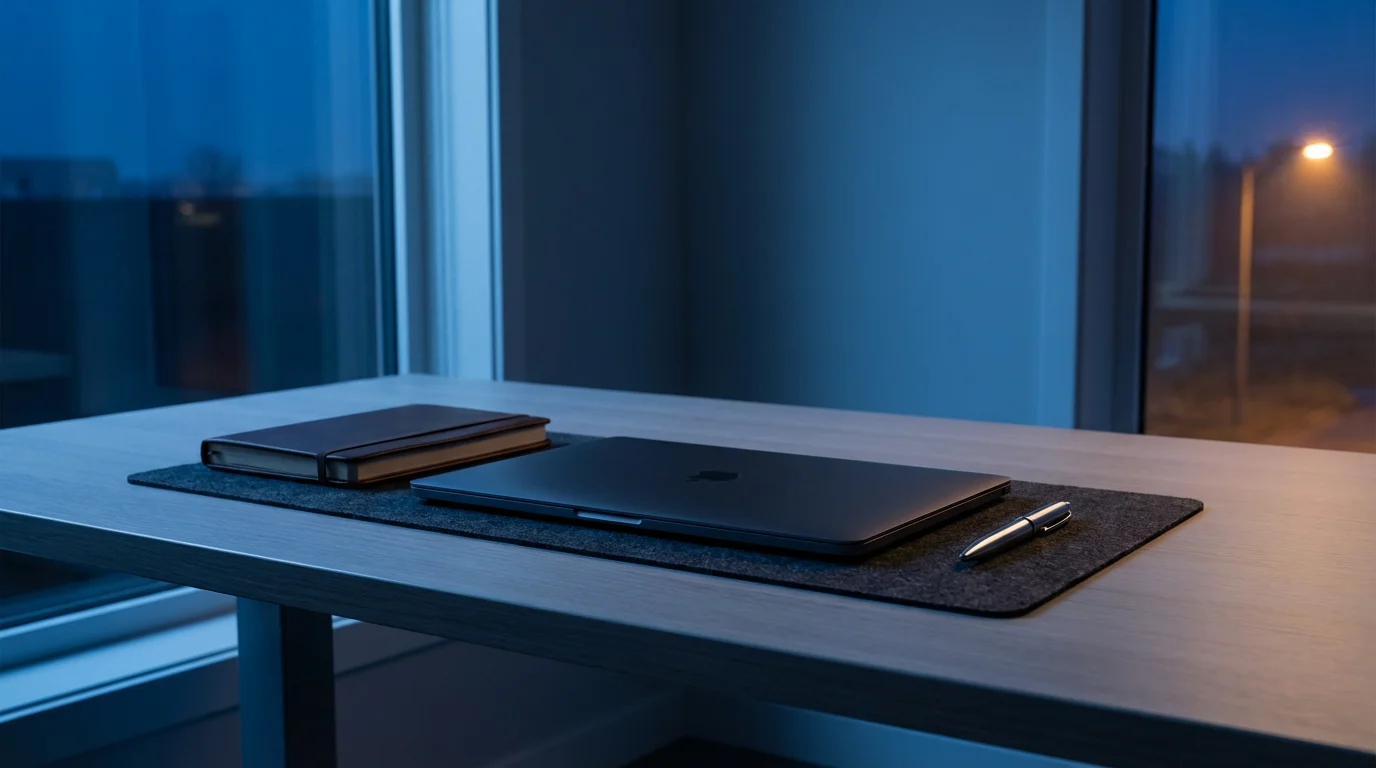 Pristine minimalist desk setup with closed laptop and journal under cool blue hour lighting.