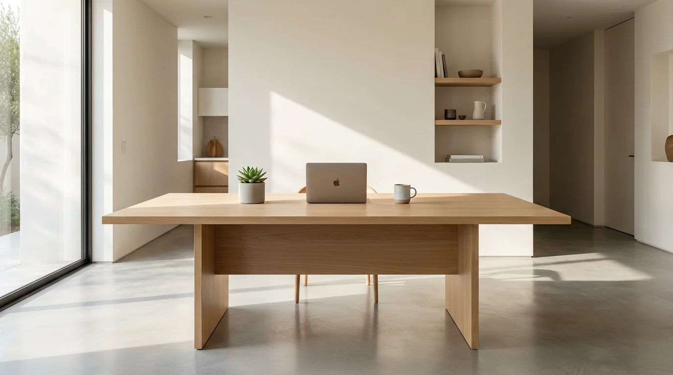 Pristine, minimalist wooden desk in a modern home office flooded with soft morning light.