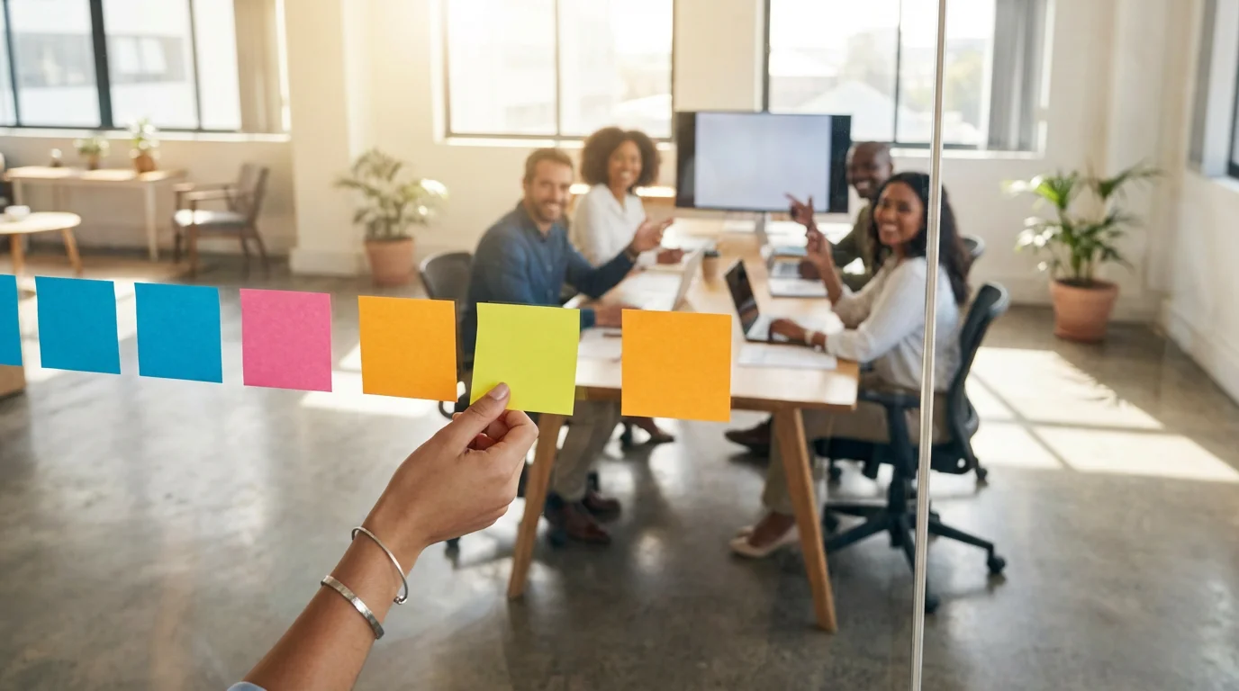 Professional adjusting colorful sticky notes on a glass wall during a team planning session.