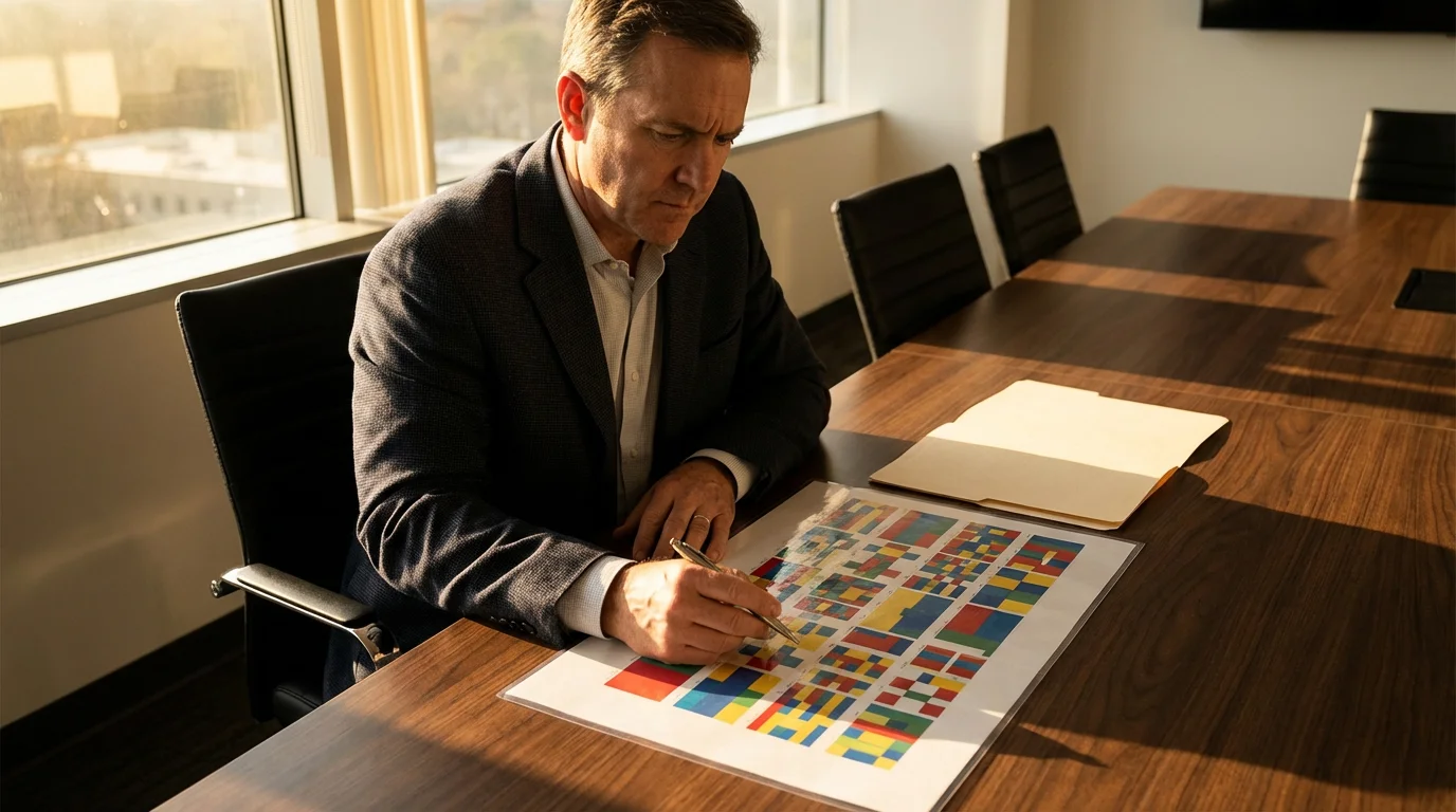 Professional analyzes a fully blocked color-coded schedule next to a new project file for negotiation.