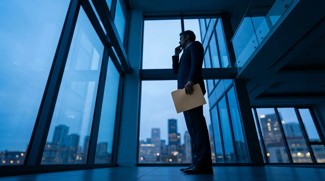 Professional analyzing a file in a modern office during blue hour twilight.