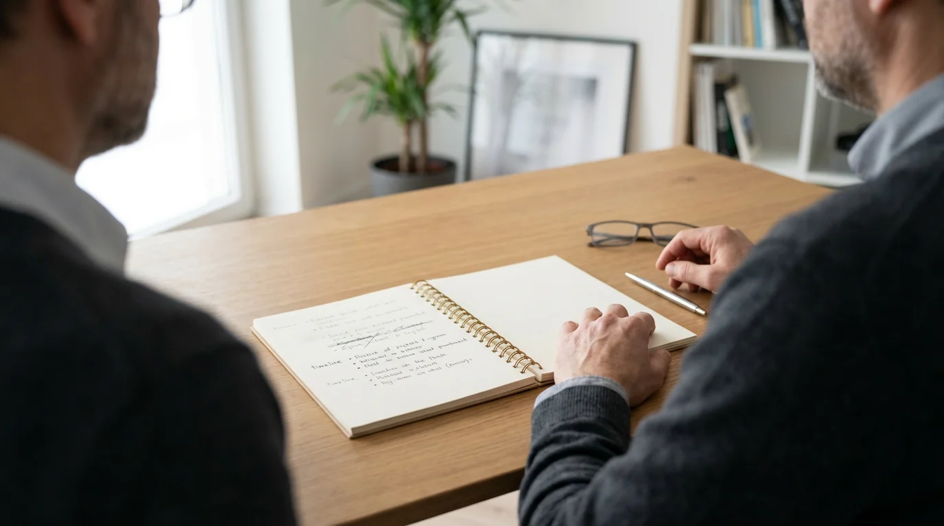 Professional analyzing and adjusting an iterative routine in a notebook on a modern desk.